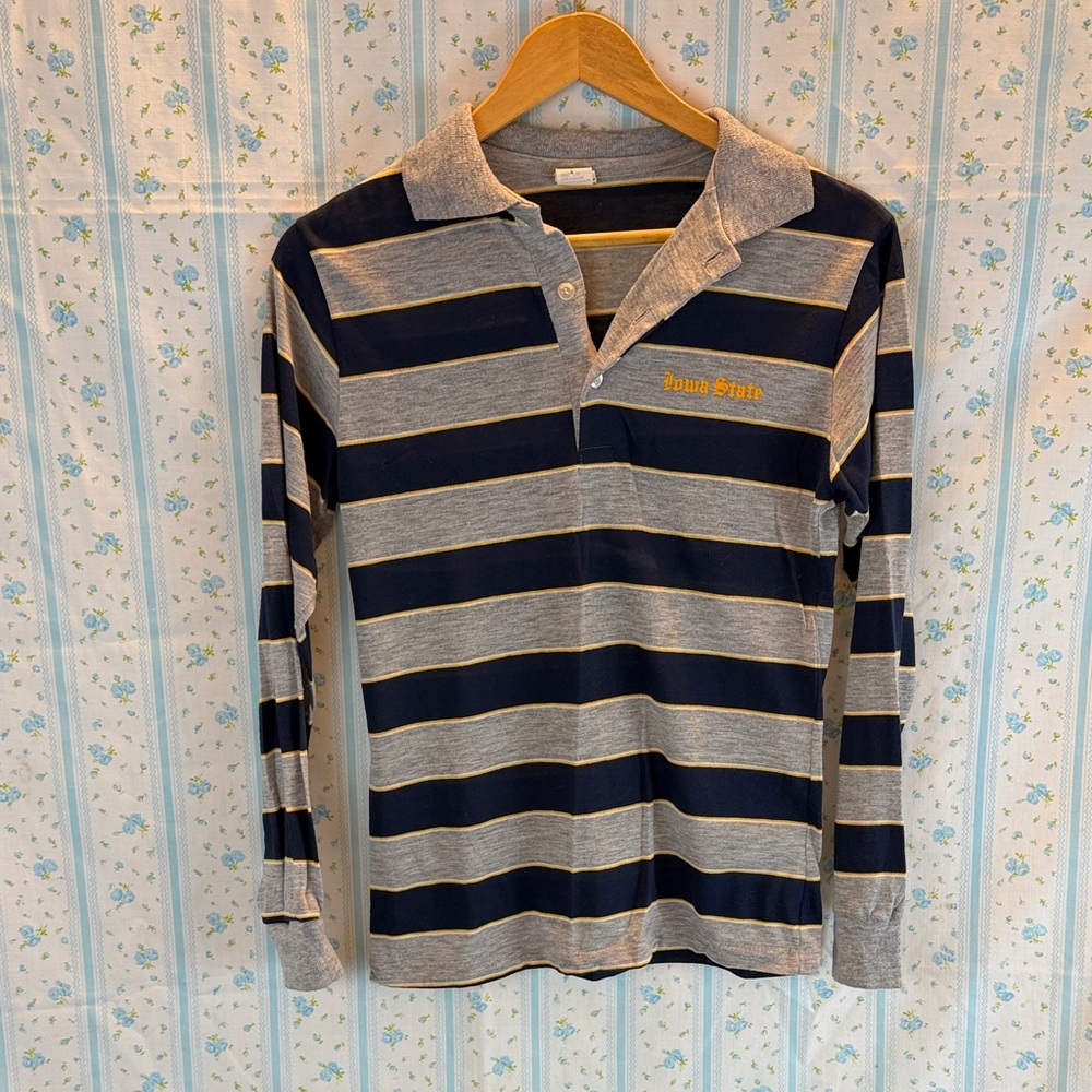 Vintage Champion Iowa State University Navy and Gray Striped Polo Shirt